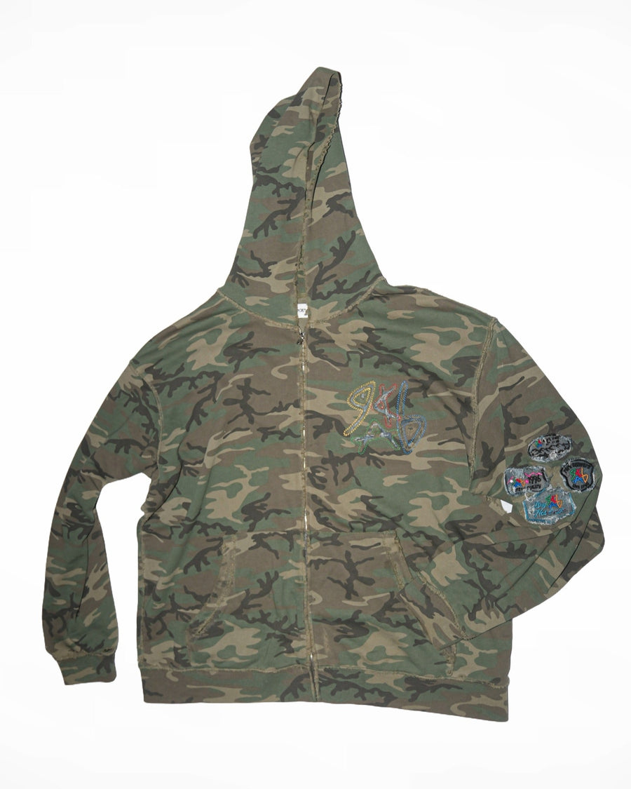ABnormal Gallery vintage camo zip hoodie with chrome zipper, chest embroidery and sleeve patches